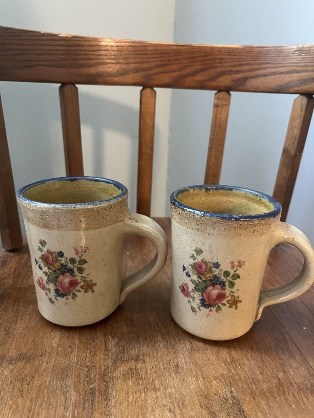 Monroe Salt Works Chippendale Rose Salt Glaze Pottery Mugs Maine Set of 2